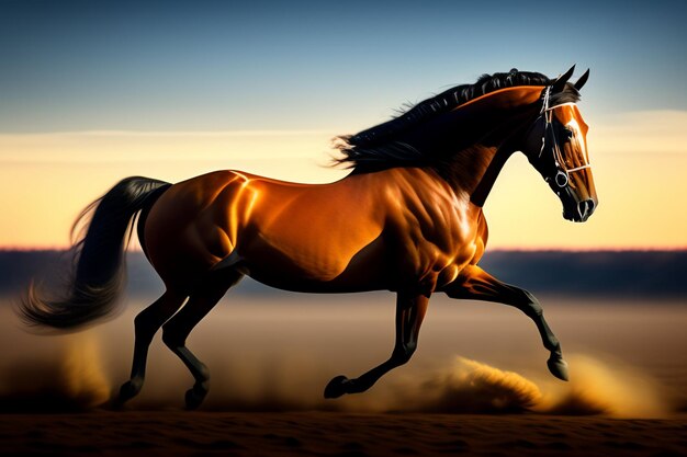 Ein Pferd läuft in der Wüste mit einem Sonnenuntergang im Hintergrund.