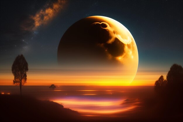 Ein Planet mit einem Mond am Himmel