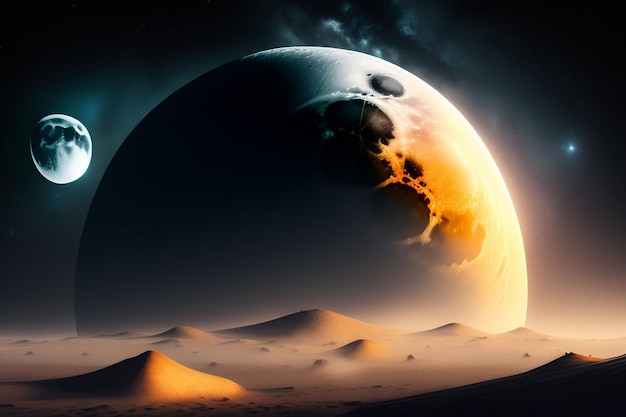 Ein Planet mit einem Mond und einem Planeten im Hintergrund