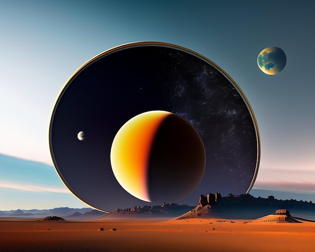 Kostenloses Foto ein planet mit einem planeten und einem mond im hintergrund