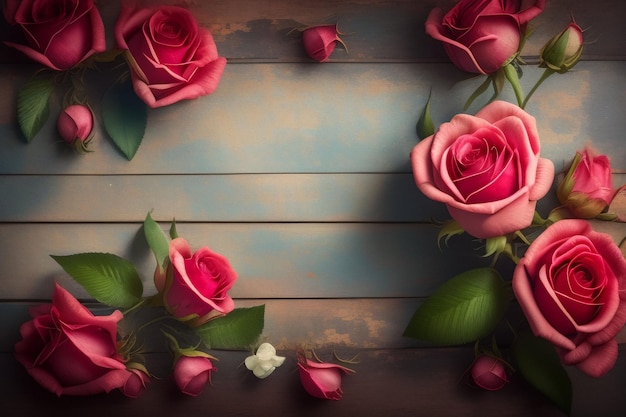 Ein Rahmen aus Rosen mit rosa Rosen auf blauem Hintergrund