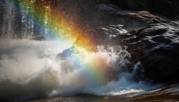 Kostenloses Foto ein regenbogen sprüht wasser auf einen felsigen strand.