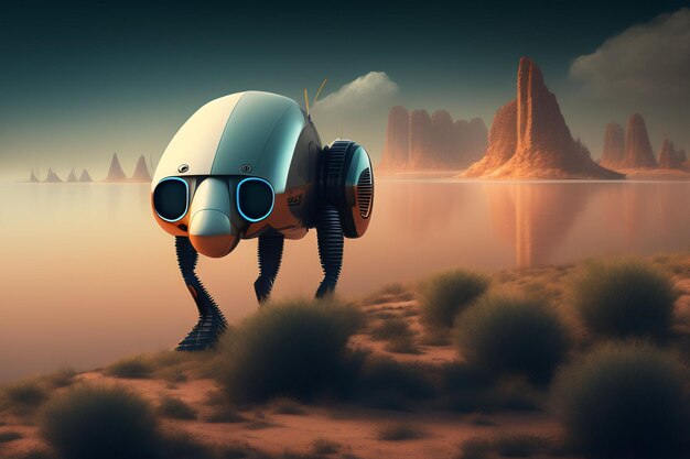 Ein Roboter mit Brille steht in einer Wüste.