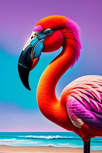 Ein rosa Flamingo mit einem blauen Schnabel und einem schwarzen Schnabel.
