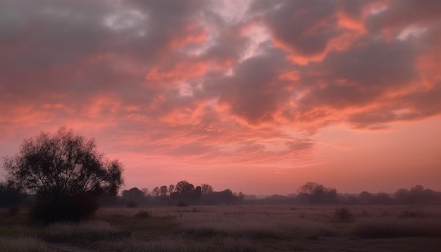 Ein rosa Himmel mit einem Baum im Vordergrund und einem roten Sonnenuntergang im Hintergrund.