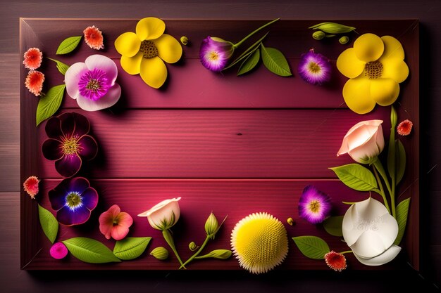 Ein roter Holzhintergrund mit Blumen und einem gelben Cupcake