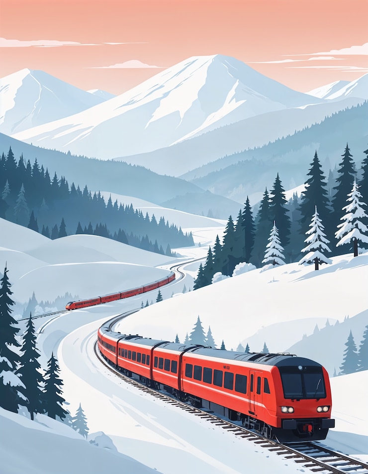 Kostenlose Foto ein roter zug fährt die gleise im schnee hinunter
