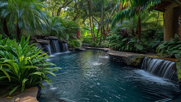 Ein ruhiger Pool im Hinterhof, geschmückt mit Wasserspielen und umgeben von üppigem Grün