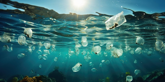 Kostenloses Foto ein ruhiges unterwasserproblem plastik schwimmt im blauen meer
