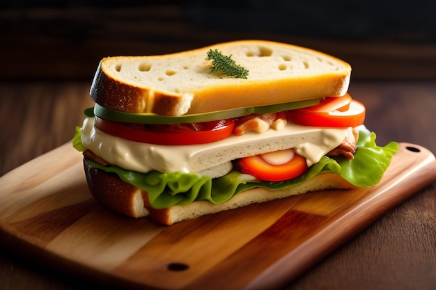 Ein Sandwich mit einem Sandwich darauf und einer Tomatenscheibe an der Seite.