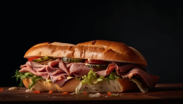 Ein Sandwich mit Fleisch und Salat darauf