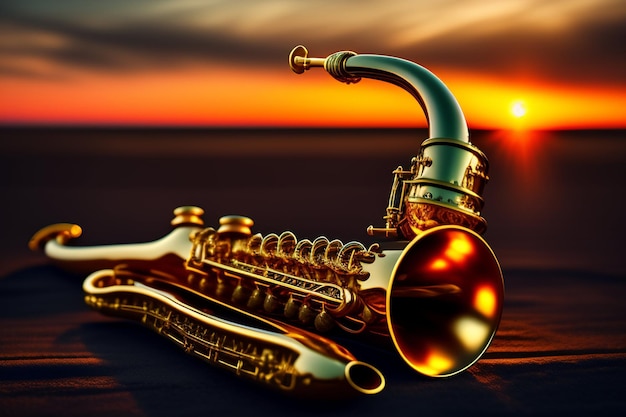 Kostenloses Foto ein saxophon liegt an einem strand, hinter dem die sonne untergeht.