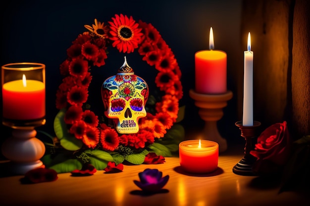 Ein Schädel mit einer Kerze und Blumen im Hintergrund