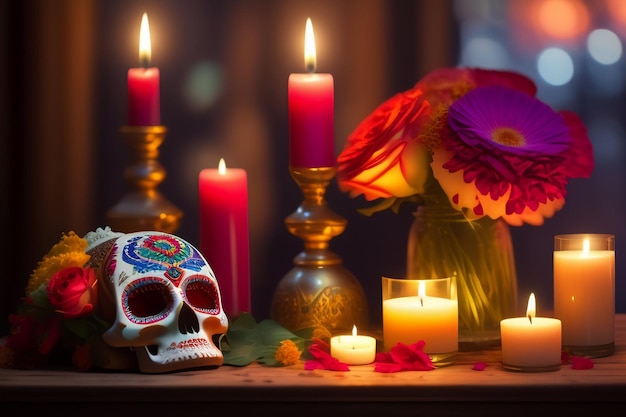 Ein Schädel und Kerzen stehen auf einem Tisch mit einer roten Blume.