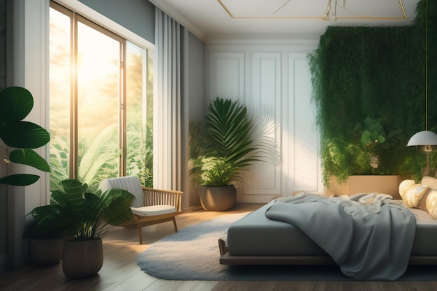 Ein Schlafzimmer mit einem Bett und einer großen grünen Wand mit Pflanzen darauf.