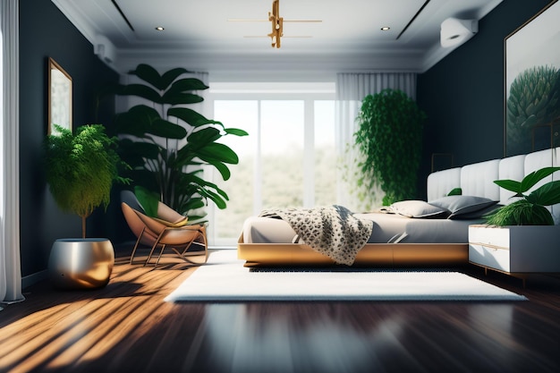 Ein Schlafzimmer mit einem großen Fenster und einem Bett mit einem weißen Bett und einer Pflanze darauf.