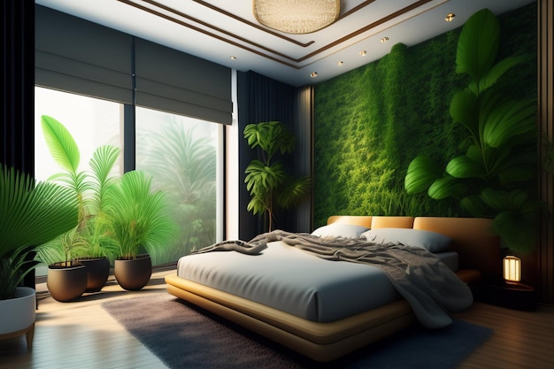 Ein Schlafzimmer mit einer grünen Wand, auf der eine Pflanze steht.