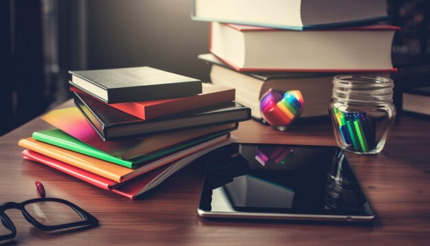 Ein Schreibtisch voller Bücher zum Lernen, die von KI generiert wurden