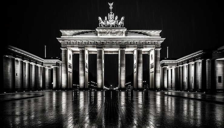 Kostenlose Foto ein schwarz-weiß-foto eines brandenburger tors bei nacht
