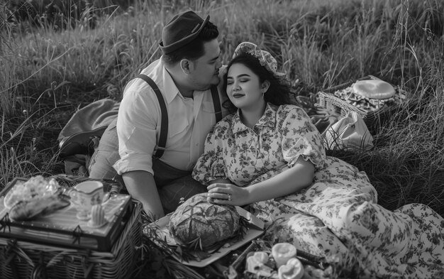 Kostenloses Foto ein schwarz-weißes vintage-paar genießt ein picknick