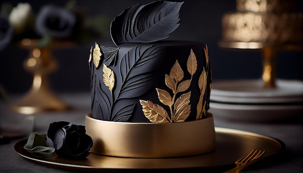 Ein schwarzer Kuchen mit goldenen Blättern und einem schwarzen Topper