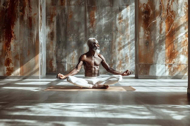 Kostenloses Foto ein schwarzer mann, der yoga übt.