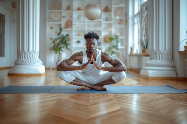 Kostenloses Foto ein schwarzer mann, der yoga übt.