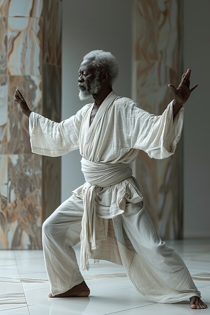 Ein schwarzer Mann, der Yoga übt.