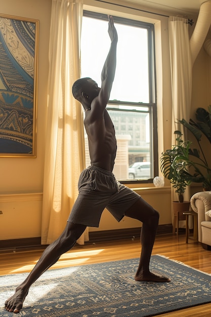 Ein schwarzer Mann, der Yoga übt.