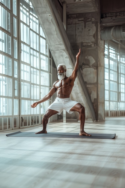 Ein schwarzer Mann, der Yoga übt.