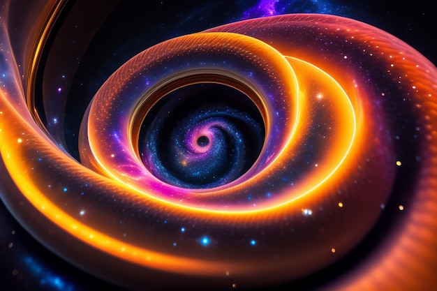 Ein schwarzes Loch mit einem violetten und gelben Wirbel in der Mitte.