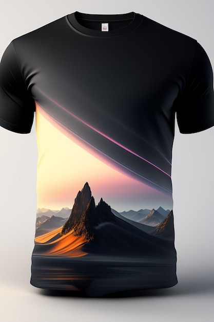 Ein schwarzes Shirt mit einem Berg und einem Planeten darauf