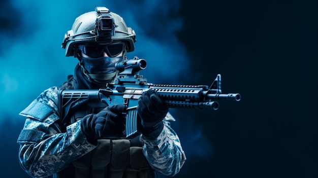 Ein Soldat mit einer Waffe in der Hand auf einem blauen Hintergrund