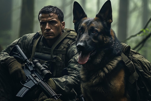Kostenloses Foto ein soldat und ein hund
