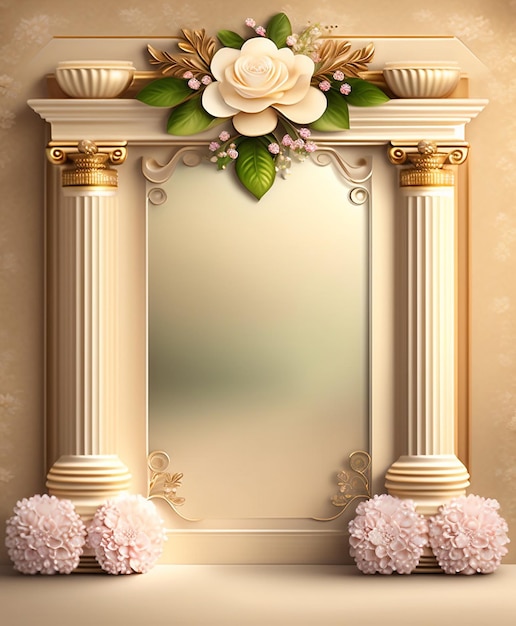 Kostenloses Foto ein spiegel mit einer rosa blume und einem rahmen mit einer weißen rose und einer rosa blume darauf.