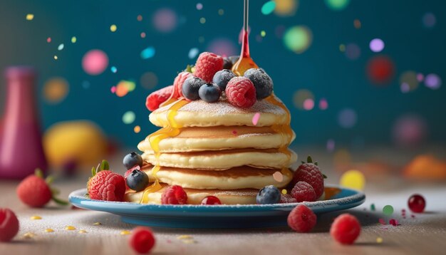 Ein Stapel hausgemachter Pfannkuchen mit Beeren, generiert von KI