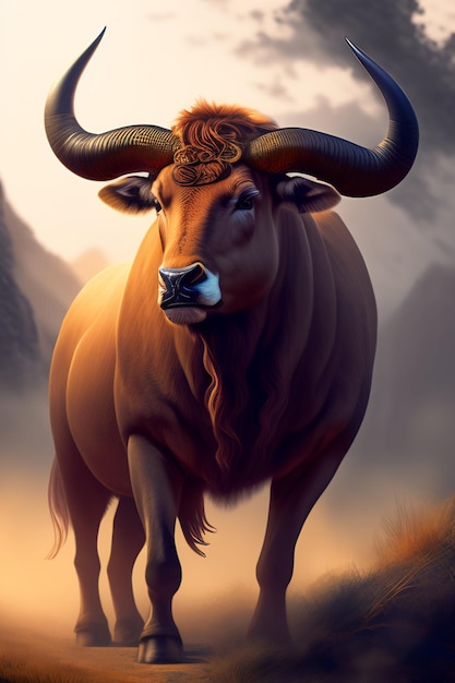 Ein Stier mit großen Hörnern steht auf einem Berg.