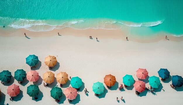 Ein Strand mit bunten Sonnenschirmen darauf