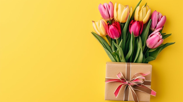 Kostenloses Foto ein strauß tulpen und ein geschenk auf gelbem hintergrund