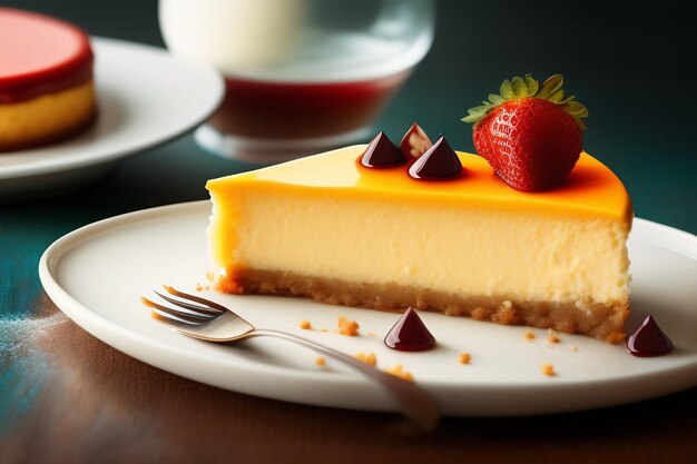 Ein Stück Käsekuchen mit Schokolade und Erdbeeren obendrauf