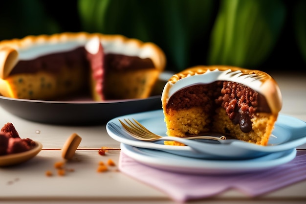 Ein Stück Kürbiskuchen, aus dem ein Stück herausgeschnitten wurde