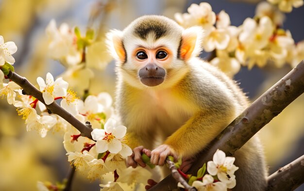 Ein süßer Affe auf einem blumigen Zweig