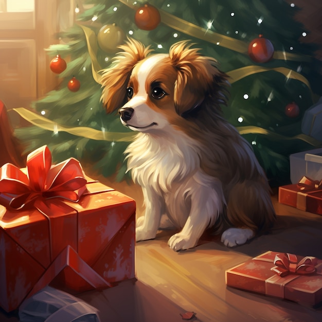 Ein süßer Hund sitzt neben den Weihnachtsgeschenken