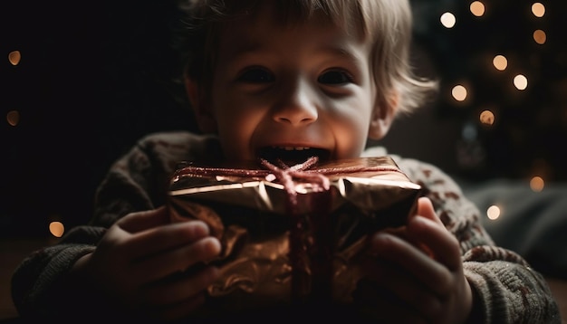 Kostenloses Foto ein süßer junge hält ein verpacktes geschenk in der hand und lächelt vor freude, die von der ki erzeugt wurde