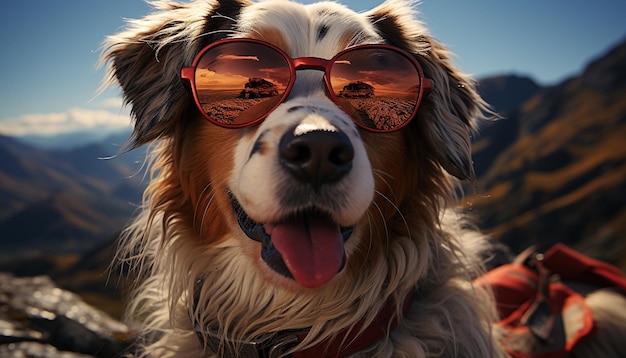 Kostenloses Foto ein süßer welpe mit sonnenbrille sitzt im freien und schaut auf eine von künstlicher intelligenz erzeugte kamera