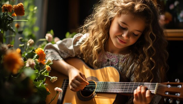 Ein süßes blondes Mädchen, das Gitarre spielt und die von künstlicher Intelligenz erzeugte Musik im Freien genießt