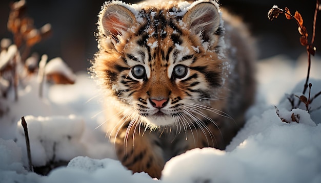 Ein süßes Tigerkätzchen, das verspielt in den verschneiten Wald starrt, erzeugt durch künstliche Intelligenz