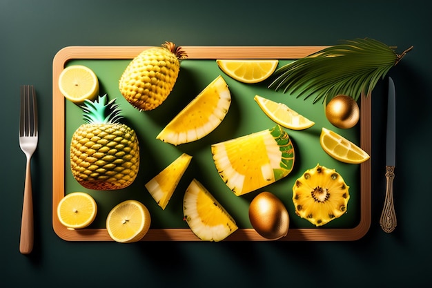 Ein Tablett mit Ananas, Zitronen und Ananas darauf