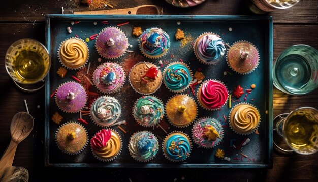 Ein Tablett mit Cupcakes mit buntem Zuckerguss darauf