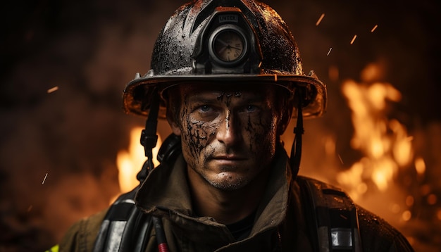 Ein tapferer Feuerwehrmann in Uniform schützt die Natur vor brennenden Flammen, die von künstlicher Intelligenz erzeugt werden